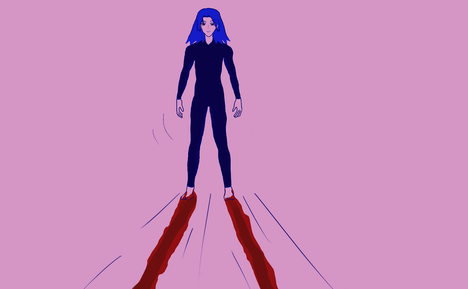 antonio chandrani-rivera sliding fast and harsh across some surface with blood trailing from his bare feet. he's wearing a skin-tight blue fit and has blue hair that falls by his shoulders like waves. the background is rose pink and it takes up their skintone.